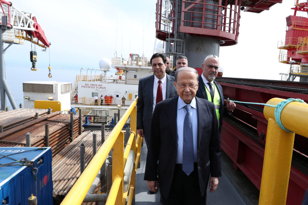 Lebanon's President Michel Aoun launches the oil exploration vessel in Block No. 4., north of Beirut, Lebanon on February ...