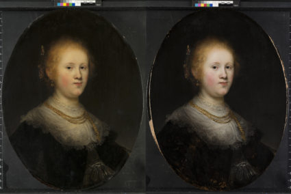 These two photos show the before (L) and after restoration of a painting called "Portrait of a Young Woman." The Allentown Art Museum now believes that the 1632 painting, which had been attributed to an unspecified artist in Rembrandt’s workshop, is a work from the Dutch master himself. Photos courtesy of the Allentown Art Museum