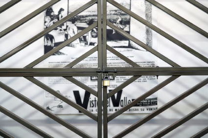 Front view of artist Débora Delmar's installation "Property/Propiedad" at this year's Material Art Fair in Mexico City. Photo by Joshua Barajas/PBS NewsHour