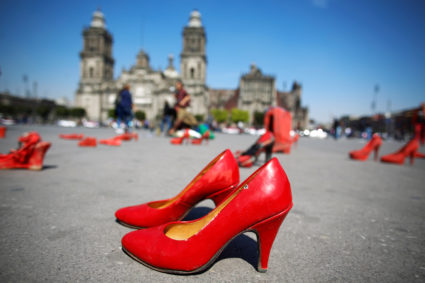 Pairs of women's red shoes, put on display by Mexican visual artist Elina Chauvet to protest against femicide, gender-based violence. Chauvet's installation was held at Zocalo square in Mexico City on Jan. 11, 2020. Photo by Gustavo Graf/Reuters