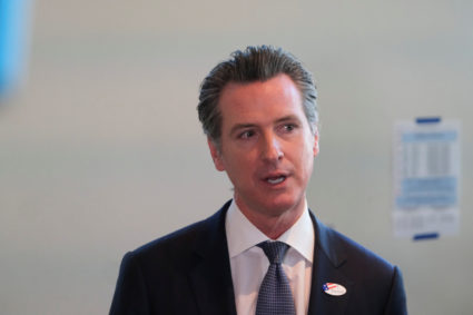 California's Governor Gavin Newsom speaks to the media after casting his vote at a voting center at The California Museum for the presidential primaries on Super Tuesday in Sacramento, CA U.S., March 3, 2020. REUTERS/Gabriela Bhaskar