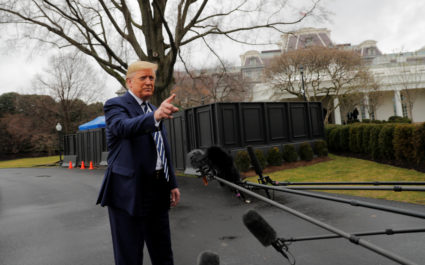 U.S. President Donald Trump answers questions from reporters in front of the West Wing of the White House as he departs to attend a briefing at the National Institutes of Health (NIH) Vaccine Research Center from the South Lawn of the White House in Washington, U.S., March 3, 2020. REUTERS/Carlos Barria REFILE - CORRECTING DATE
