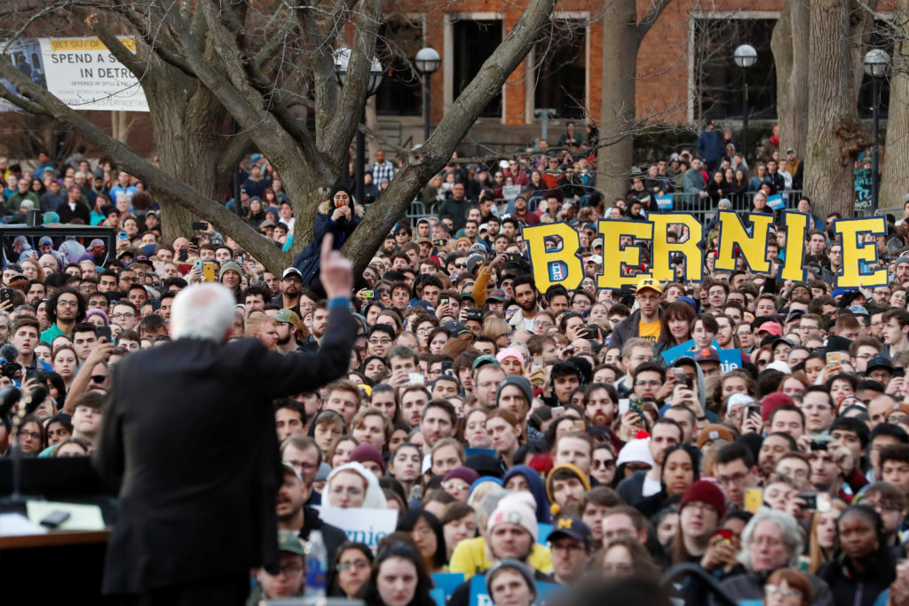 U.S. Democratic presidential candidate Bernie Sanders speaks during a rally at the University of Michigan in Ann Arbor, Mi...