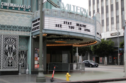 A theater displays a closed sign during the global outbreak of coronavirus (COVID-19) in Los Angeles, California, U.S., March 16, 2020. REUTERS/Lucy Nicholson