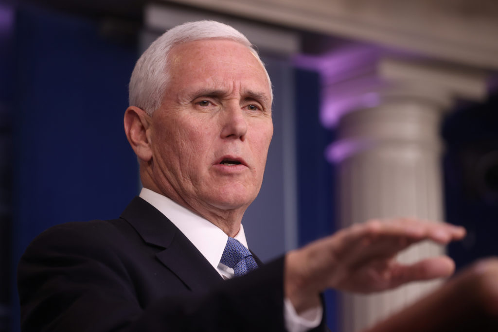 Vice President Mike Pence addresses the coronavirus task force daily briefing at the White House in Washington, U.S., Marc...