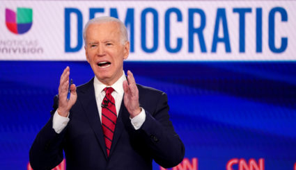 Democratic presidential candidate and former Vice President Joe Biden speaks during the 11th Democratic candidates debate of the 2020 U.S. presidential campaign, held in CNN's Washington studios without an audience because of the global coronavirus pandemic, in Washington, D.C. Photo by Kevin Lamarque/Reuters