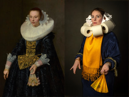 On the left, Nicolaes Pickenoy’s "Portrait Of A Young Woman." On the right, a recreation of the 1632 painting, with a toilet paper collar. Painting courtesy of J. Paul Getty Museum. Photo recreation by Bryan Beasley