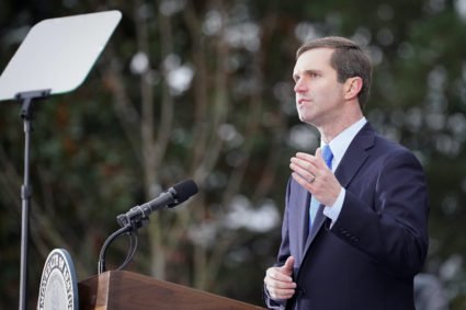 Kentucky's Democratic Governor Andy Beshear speaks to the crowd gathered during his public swearing-in ceremony in Frankfort, Kentucky, U.S. December 10, 2019. Photo by Bryan Woolston/REUTERS