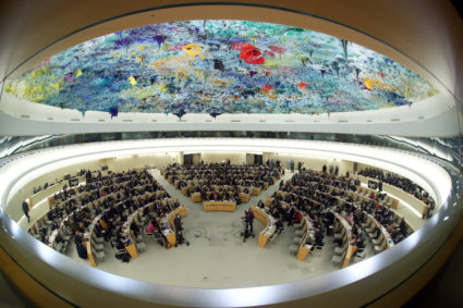 FILE PHOTO: Overview of the session of the Human Rights Council during the speech of U.N. High Commissioner for Human Rights Michelle Bachelet at the United Nations in Geneva, Switzerland, February 27, 2020. Picture taken with a fisheye lens. Photo by REUTERS/Denis Balibouse/File Photo