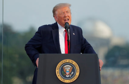 FILE PHOTO: U.S. President Donald Trump speaks to attendees as he hosts a 4th of July "2020 Salute to America" to celebrate the U.S. Independence Day holiday at the White House in Washington, U.S., July 4, 2020. Photo by Carlos Barria/Reuters.