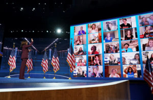 U.S. Senator Kamala Harris (D-CA) waves to supporters after accepting the Democratic vice presidential nomination during an acceptance speech delivered for the largely virtual 2020 Democratic National Convention from the Chase Center in Wilmington, Delaware, U.S., August 19, 2020. REUTERS/Kevin Lamarque