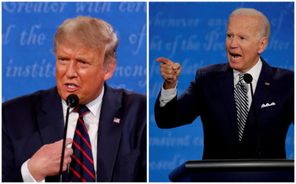 A combination picture shows U.S. President Donald Trump and Democratic presidential nominee Joe Biden speaking during the first 2020 presidential campaign debate in Cleveland, Ohio, U.S. Photo by Brian Snyder/REUTERS