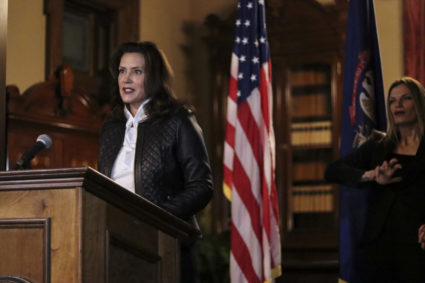 Michigan Governor Gretchen Whitmer speaks during a news conference after thirteen people, including seven men associated with the Wolverine Watchmen militia group, were arrested for alleged plots to take Whitmer hostage and attack the state capitol building, in Lansing, Michigan, U.S., October 8, 2020. Photo by Michigan Governor's office/Handout via REUTERS