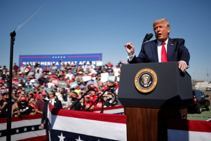 U.S. President Donald Trump speaks during a campaign rally at Prescott Regional Airport in , Arizona, U.S., October 19, 2020. Photo by REUTERS/Carlos Barria
