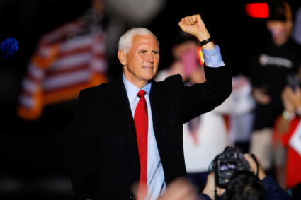 U.S. Vice President Mike Pence makes a fist at the end of a rally in Kinston, North Carolina, U.S., October 25, 2020. Photo by Jonathan Drake/REUTERS