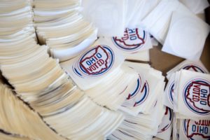 "Ohio Voted" stickers are seen at the Hamilton County Board of Elections for voters who cast their ballots for the upcoming presidential election as early voting begins in Cincinnati, Ohio, U.S., October 6, 2020. Photo by REUTERS/Megan Jelinger