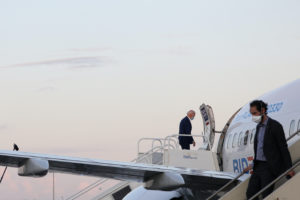 U.S. Democratic presidential candidate Joe Biden boards his campaign plane following a series of campaign events, at the Fort Lauderdale-Hollywood International Airport, in Fort Lauderdale, Florida, U.S., October 13, 2020. Photo by Tom Brenner/REUTERS