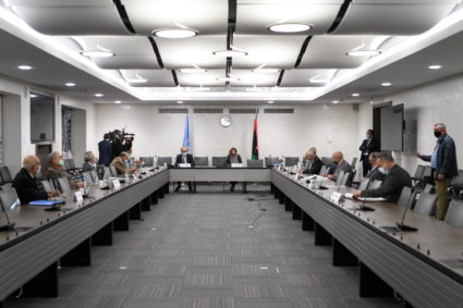 A general view of the talks between the rival factions in the Libya conflict at the United Nations offices in Geneva, Switzerland October 20, 2020. Photo by Fabrice Coffrini/Pool via REUTERS