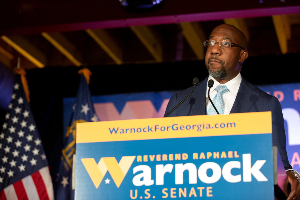 Democratic U.S. Senate candidate Rev. Raphael Warnock speaks during an Election Night event in Atlanta, Georgia, November ...