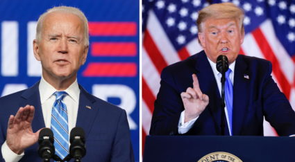 Combination picture of Democratic U.S. presidential nominee Joe Biden and U.S. President Donald Trump speaking about the early results of the 2020 U.S. presidential election, U.S. November 4, 2020. Photo by Kevin Lamarque/Carlos Barria/REUTERS
