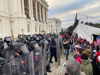 Security forces block the entrance after the U.S. President Donald Trump's supporters breached the US Capitol security in Washington D.C., United States on January 06, 2021. Pro-Trump rioters stormed the US Capitol as lawmakers were set to sign off Wednesday on President-elect Joe Biden's electoral victory in what was supposed to be a routine process headed to Inauguration Day. Photo by Tayfun Coskun/Anadolu Agency via Getty Images