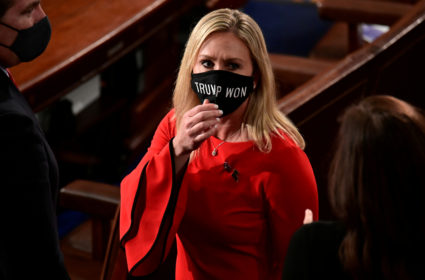 U.S. Rep. Marjorie Taylor Greene (R-GA) wears a "Trump Won" face mask as she arrives on the floor of the House to take her oath of office as a newly elected member of the 117th House of Representatives in Washington, U.S., January 3, 2021. Photo by Erin Scott/Pool/REUTERS