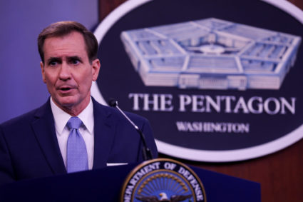 Pentagon Press Secretary John Kirby speaks at press conference at the Pentagon January 28, 2021 in Arlington,Virginia. Photo by Yasin Ozturk/Anadolu Agency via Getty Images