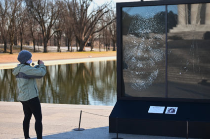 Harris' historic election celebrated in cracked glass portrait