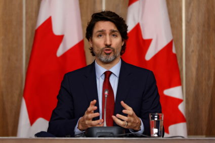 Canada's Prime Minister Justin Trudeau takes part in a news conference, as efforts continue to help slow the spread of the coronavirus disease (COVID-19), in Ottawa, Ontario, Canada February 19, 2021. Photo by Blair Gable/REUTERS