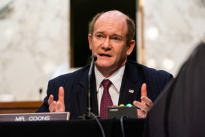 Senator Chris Coons (D-DE) during Attorney General nominee Merrick Garland's confirmation hearing before the Senate Judiciary Committee, Washington, DC U.S., February 22, 2021. Photo by Demetrius Freeman/Pool via REUTERS