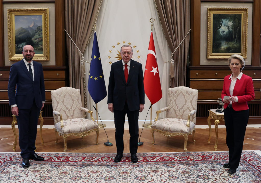 Turkish President Tayyip Erdogan meets with European Council President Charles Michel and European Commission President Ur...