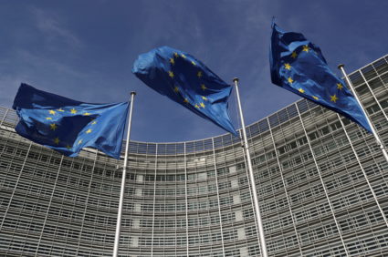 European Union flags flutter outside the European Commission headquarters in Brussels, Belgium, March 24, 2021. Photo by Yves Herman/REUTERS