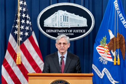 Attorney General Merrick Garland speaks about a jury's verdict in the case against former Minneapolis Police Officer Derek Chauvin in the death of George Floyd, at the Department of Justice, in Washington, D.C., U.S. April 21, 2021. Andrew Harnik/Pool via REUTERS