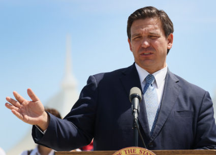 Florida Gov. Ron DeSantis speaks to the media about the cruise industry during a press conference at PortMiami on April 08, 2021 in Miami, Florida. Photo by Joe Raedle/Getty Images