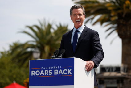 California Gov. Gavin Newsom speaks at a news conference at Universal Studios Hollywood in Universal City, Los Angeles, California, U.S. June 15, 2021. Photo by Mario Anzuoni/REUTERS