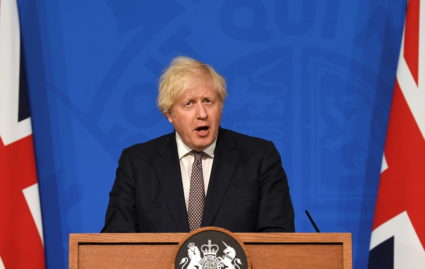 British Prime Minister Boris Johnson holds a news conference for England's COVID-19 lockdown easing announcement in London