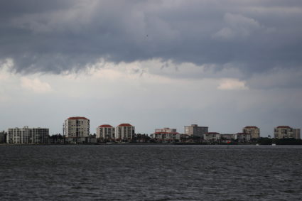 Dark clouds loom over the Pass-A-Grille channel ahead of Tropical Storm Elsa, in St. Petersburg