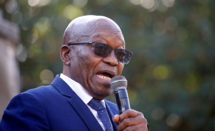 FILE PHOTO: South Africa's former President Jacob Zuma, who faces fraud and corruption charges, speaks to supporters after appearing at the High Court in Pietermaritzburg, South Africa, May 17, 2021. Photo by Rogan Ward/REUTERS