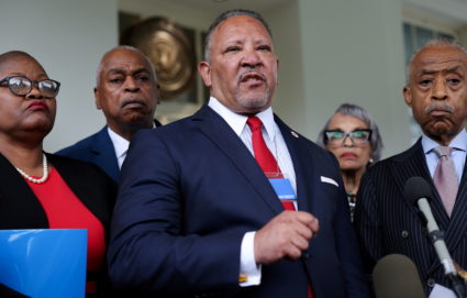 Leadership of civil rights organizations leave the White House following a meeting about voting rights with the President ...