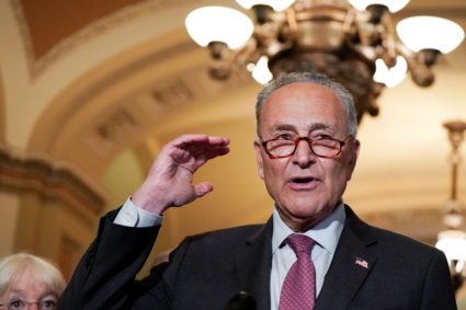 U.S. Senate Majority Leader Chuck Schumer (D-NY) talks to reporters following the weekly Senate lunch at the U.S. Capitol ...