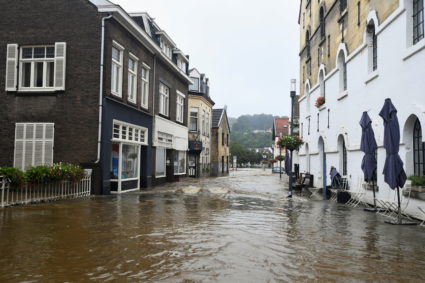 A flooded street is seen following heavy rainfalls in Valkenburg