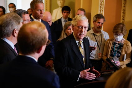 Senate Minority Leader Mitch McConnell speaks to reporters following a weekly Senate lunch on Capitol Hill