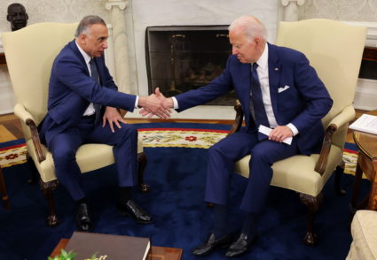 U.S. President Joe Biden holds bilateral meeting with Iraq's Prime Minister Mustafa Al-Kadhimi at the White House in Washi...