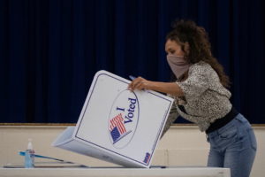 FILE PHOTO: Presidio County election judge folds booth after voting ended for the general election in Marfa, Texas