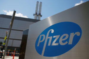 A sign marks the Pfizer facility in Cambridge