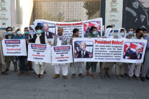 Former Afghan interpreters who worked with U.S. troops in Afghanistan demonstrate in Kabul