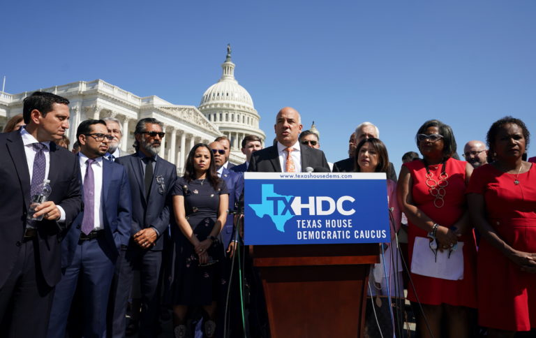 Democratic members of the Texas House of Representatives speak at the U.S. Capitol in Washington