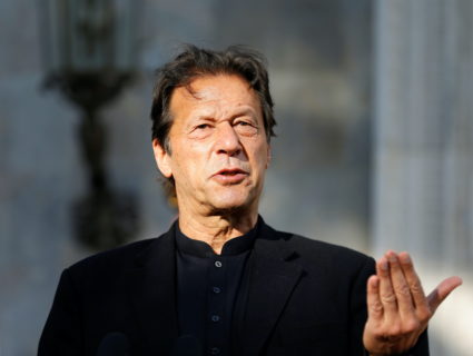 Pakistan's Prime Minister Imran Khan speaks during a joint news conference with Afghan President Ashraf Ghani at the presi...