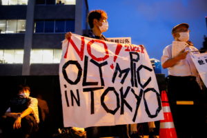 Anti-Olympic protesters gather outside Japanese Prime Minister Yoshihide Suga's office