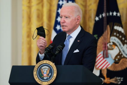 U.S. President Joe Biden speaks about the pace of coronavirus disease (COVID-19) vaccinations during remarks at the White ...